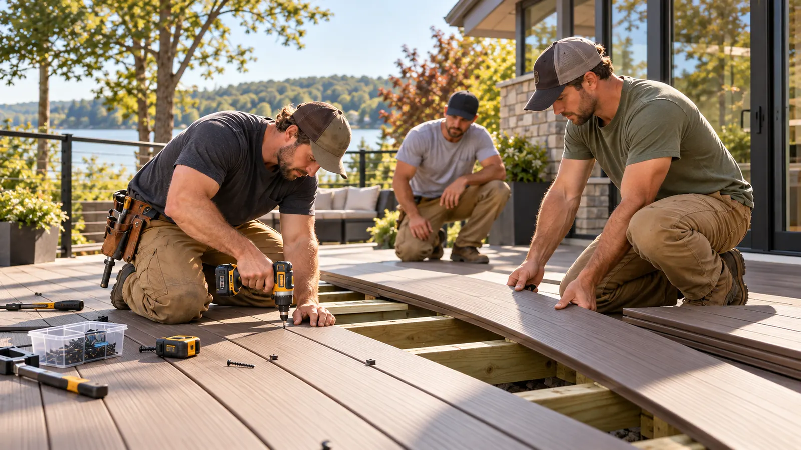 Two installers fastening composite deck boards with a cordless drill while a third checks the layout.