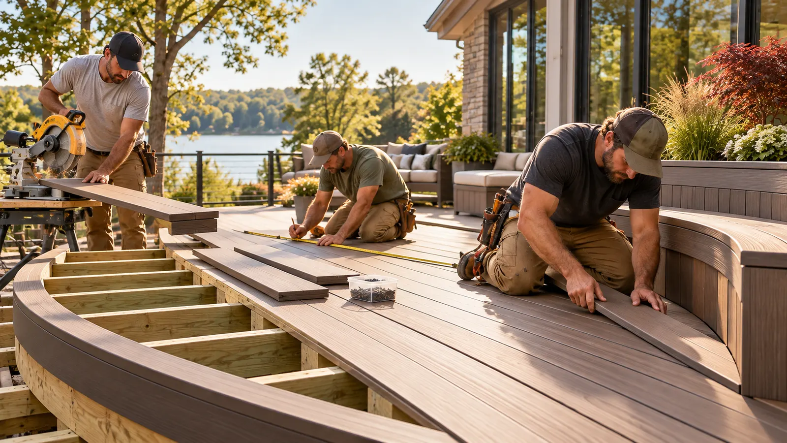 Installers fastening composite boards on a curved deck with a built-in curved bench and a miter saw set up nearby.
