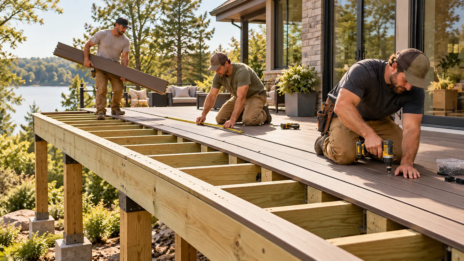 Installers laying composite boards on a raised deck frame supported by wood posts on concrete footings.