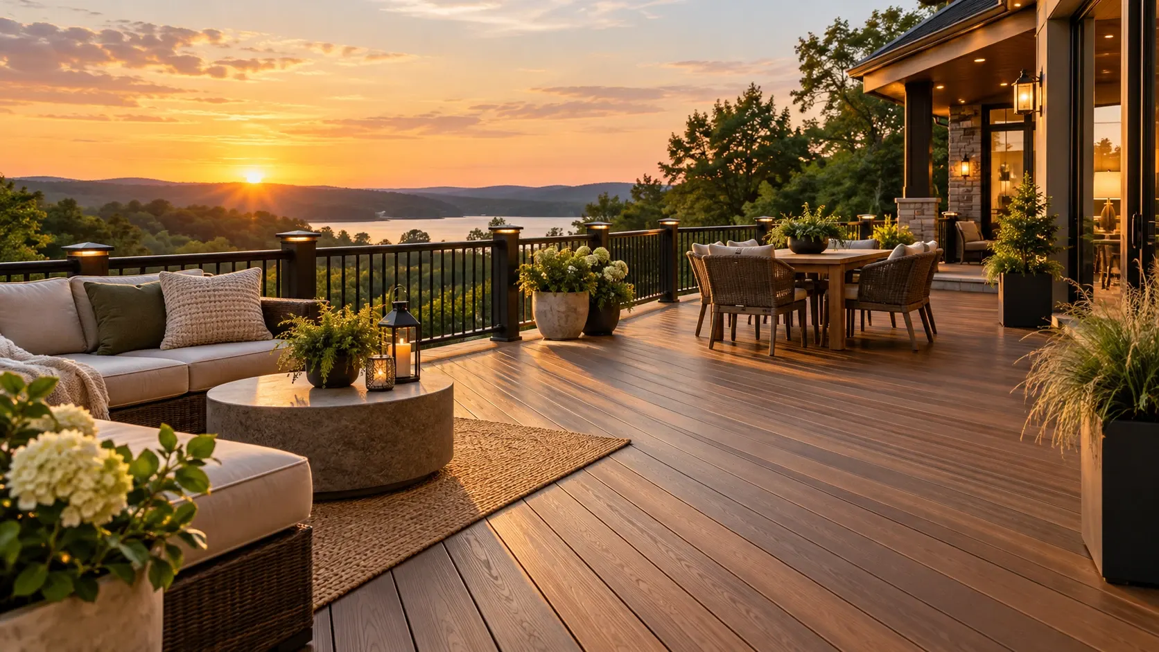 Composite deck at sunset with a sectional sofa, round table, dining set, and black railing overlooking a lake and wooded hills.